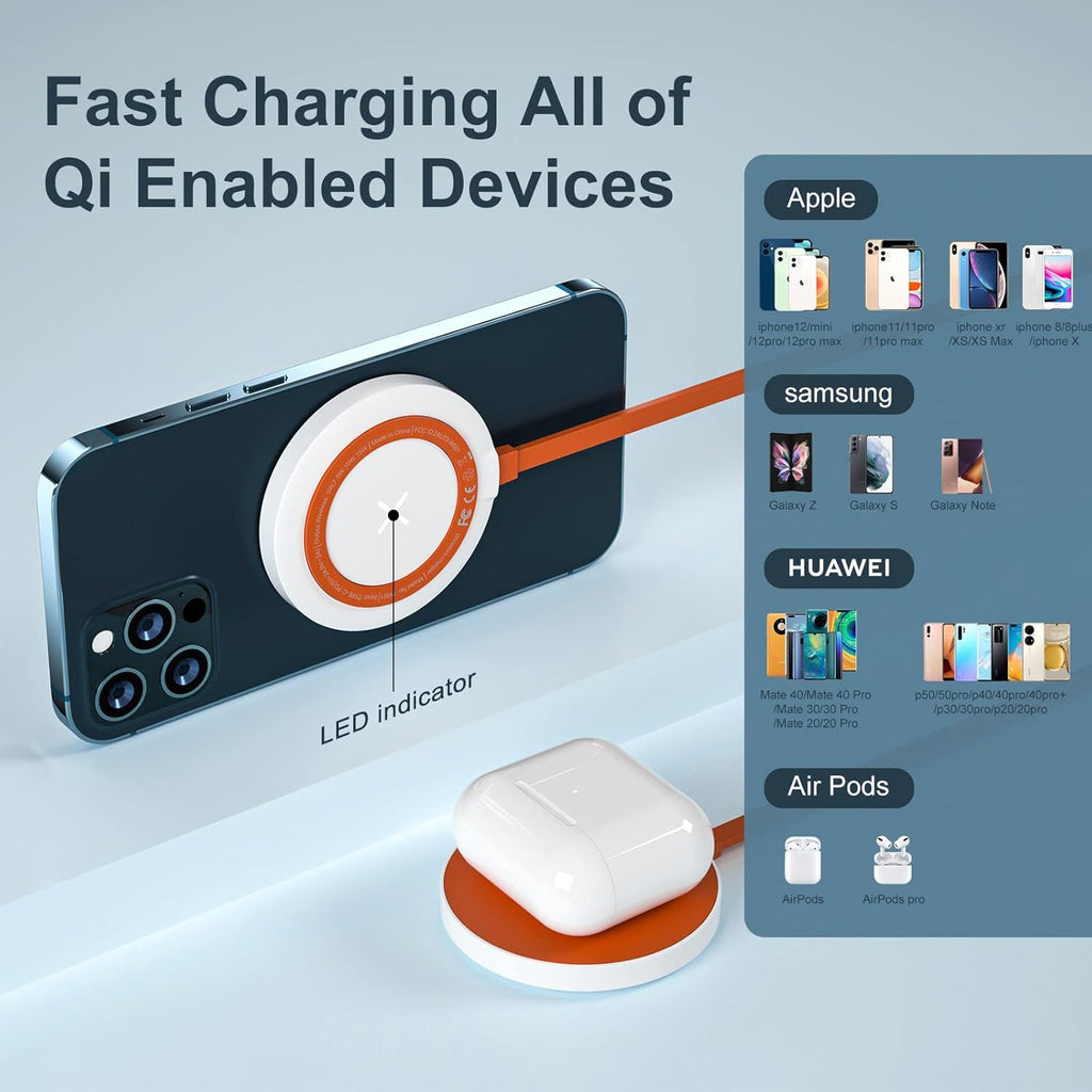 Magnetic Wireless Charger for Iphone 12 Series, 15W Fast Wireless Charging Pad for Iphone 11 / Iphone X, Samsung Galaxy S9/S9 Plus/S10, Airpods Pro and Other Qi-Enabled Devices（Orange）